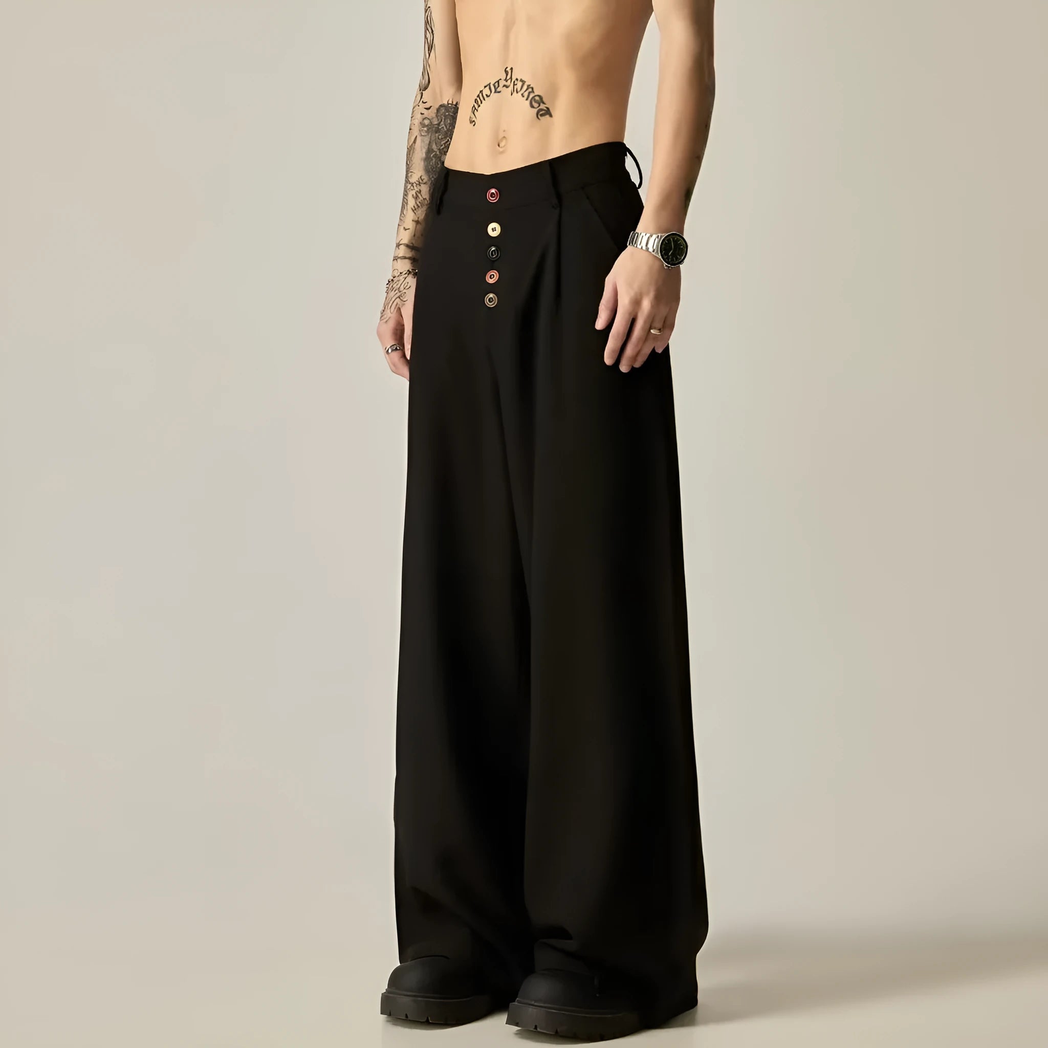 Men's black wide-leg straight-leg casual trousers made from a cotton-polyester blend fabric.