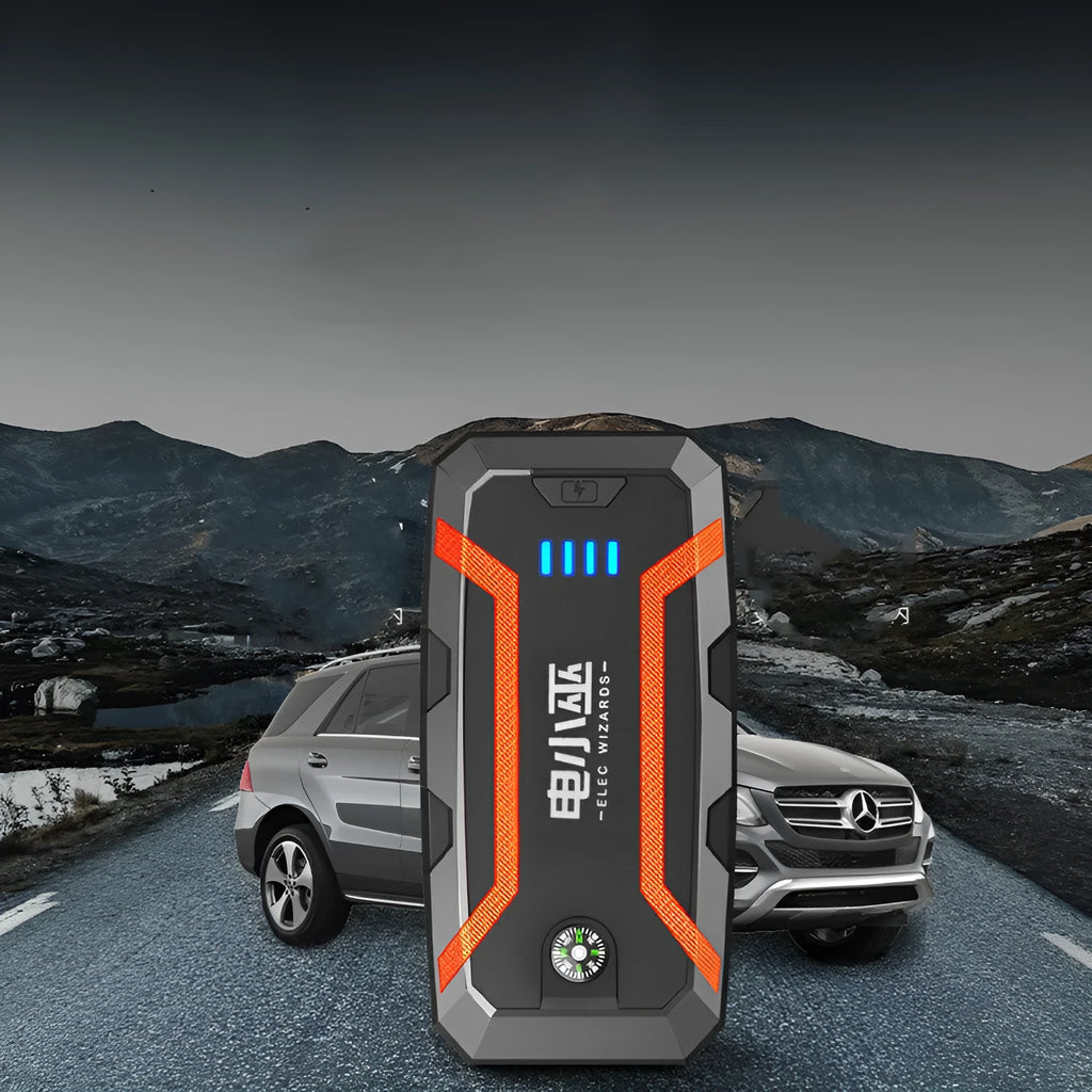 Portable 1000A car jump starter with battery clamp and charging cable, V0 fireproof casing, 12V emergency power supply for vehicles