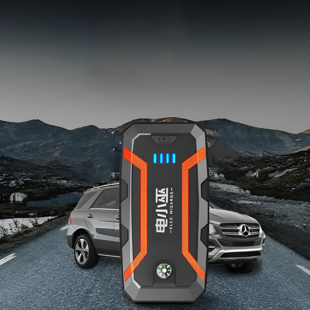 Portable 1000A car jump starter with battery clamp and charging cable, V0 fireproof casing, 12V emergency power supply for vehicles