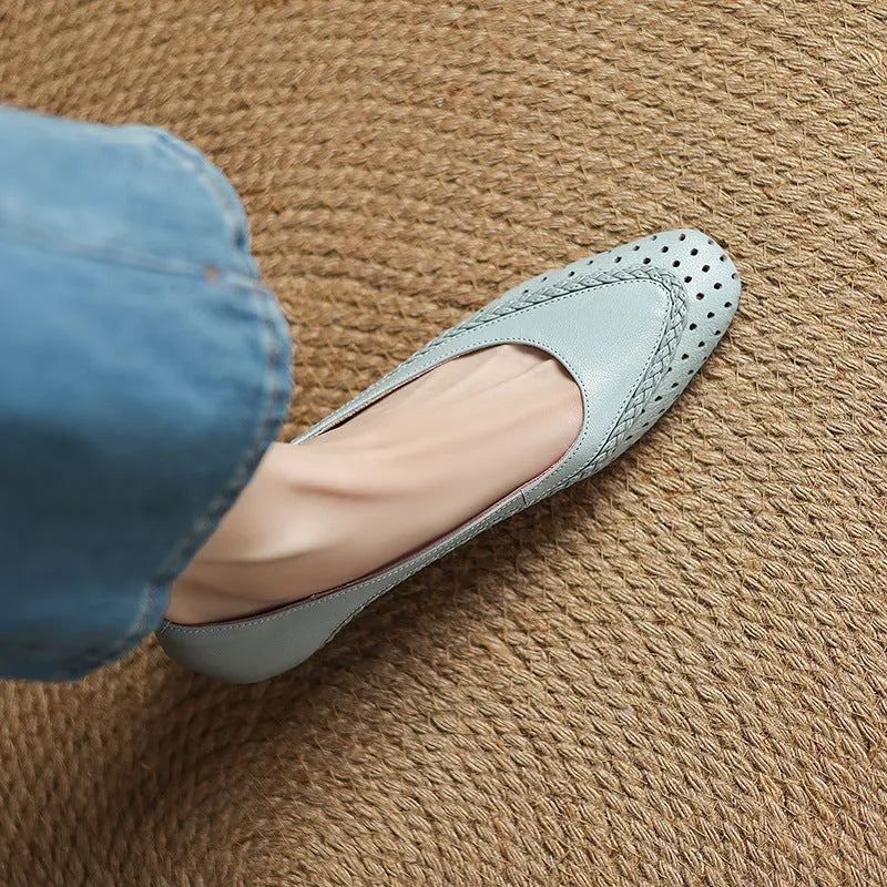 Women's light blue hollow-out mid heel sandals with round toe and sheepskin upper