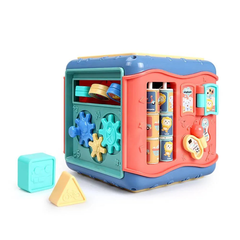 Baby educational hexahedron cube with six learning activities showing bead maze, gears, and shape sorting
