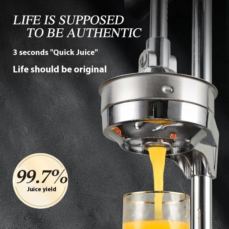Stainless steel vertical manual juicer on a kitchen countertop in a choice of colours.