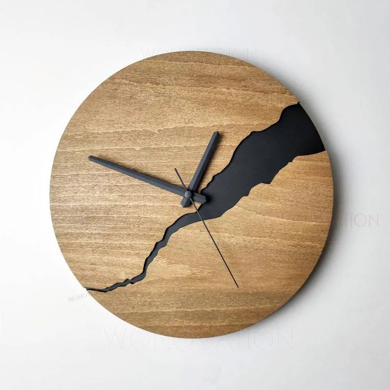 Modern wooden wall clock with a cracked finish design and silent quartz movement.