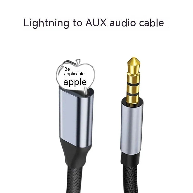 Black braided Lightning to 3.5mm male AUX audio adapter cable on white background