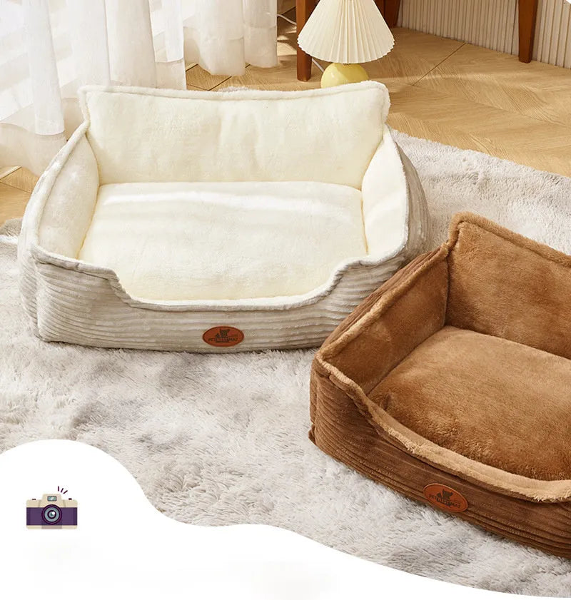 Coffee coloured removable cover dog and cat bed cushion showing raised edge, with S size 45x50cm dimensions