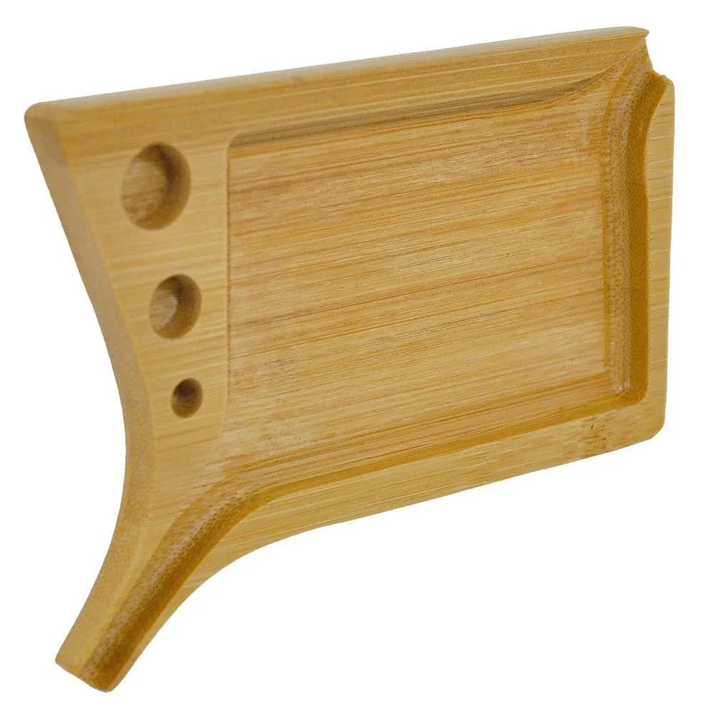 Wooden slotted funnel-type cigarette tray set in bamboo with cleaning brush, natural wood colour