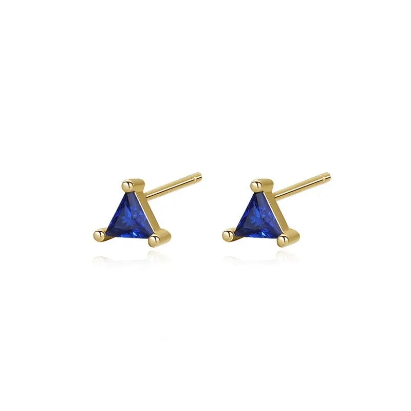 925 sterling silver colour geometric triangle stud earrings with zircon, yellow gold dark blue, 1 pair