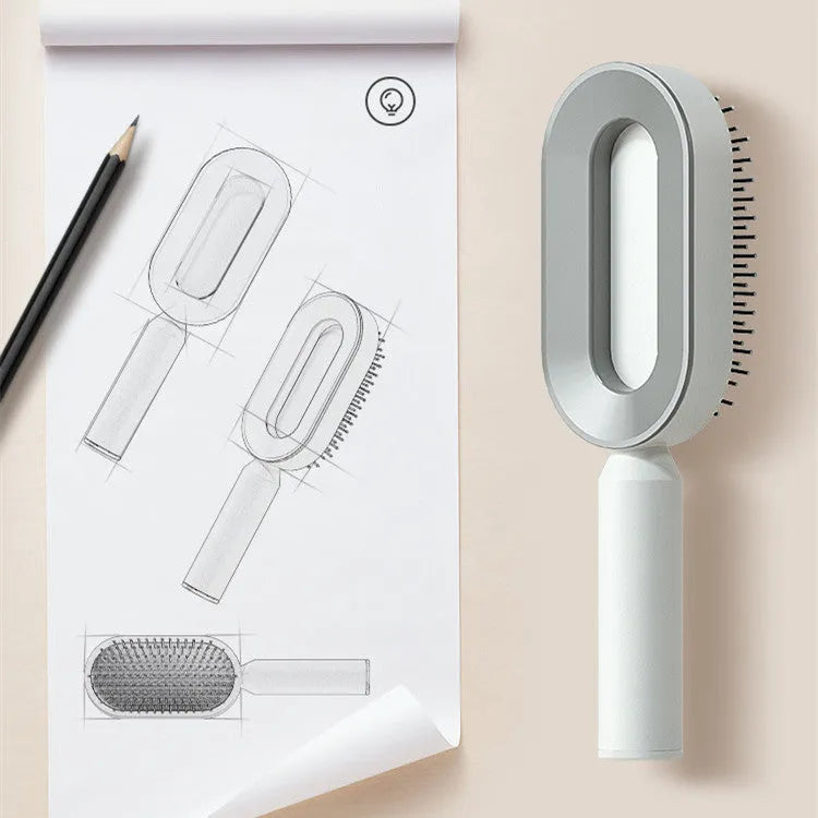 Self cleaning hair brush with one-key cleaning button and air cushion massage design in various colour options