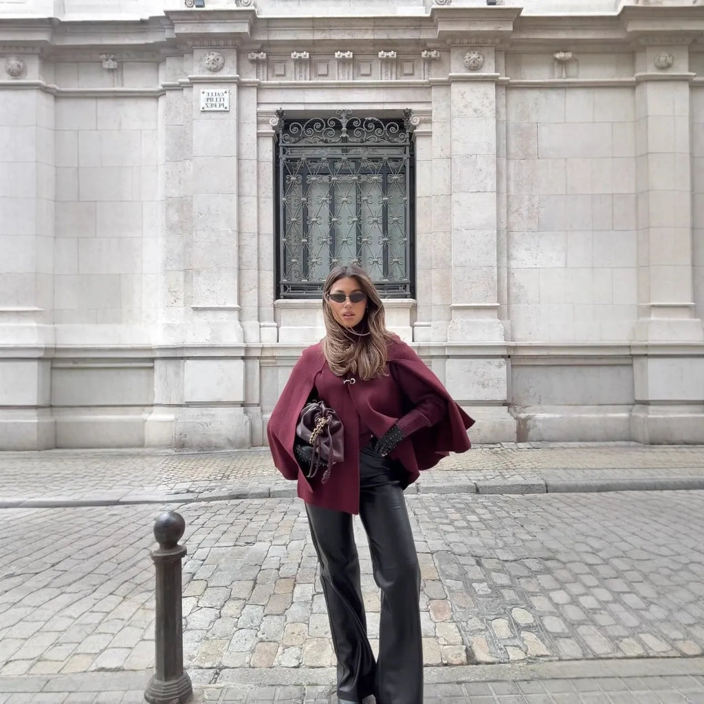 Cape round neck long sleeve knitted sweater coat in solid colour, front view, cardigan style