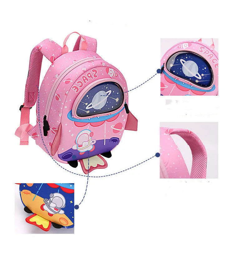 Children's SBR diving material anti lost backpack with zipper closure, cartoon rocket print, in blue colour, two sizes available.