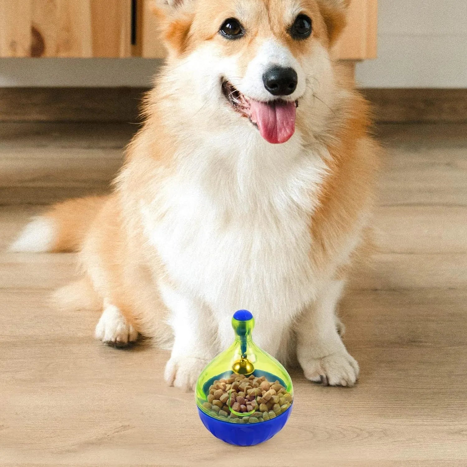 Blue and white durable plastic dog and cat treat dispenser puzzle ball toy.