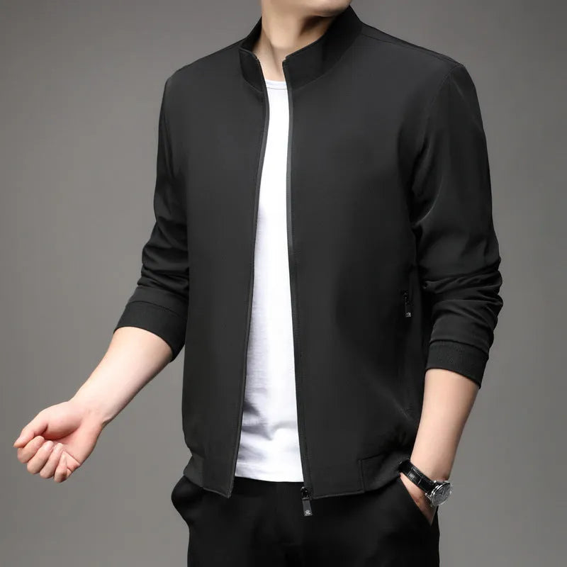 Korean-style loose fit lapel jacket in blue, shown on a model, featuring zipper pockets.