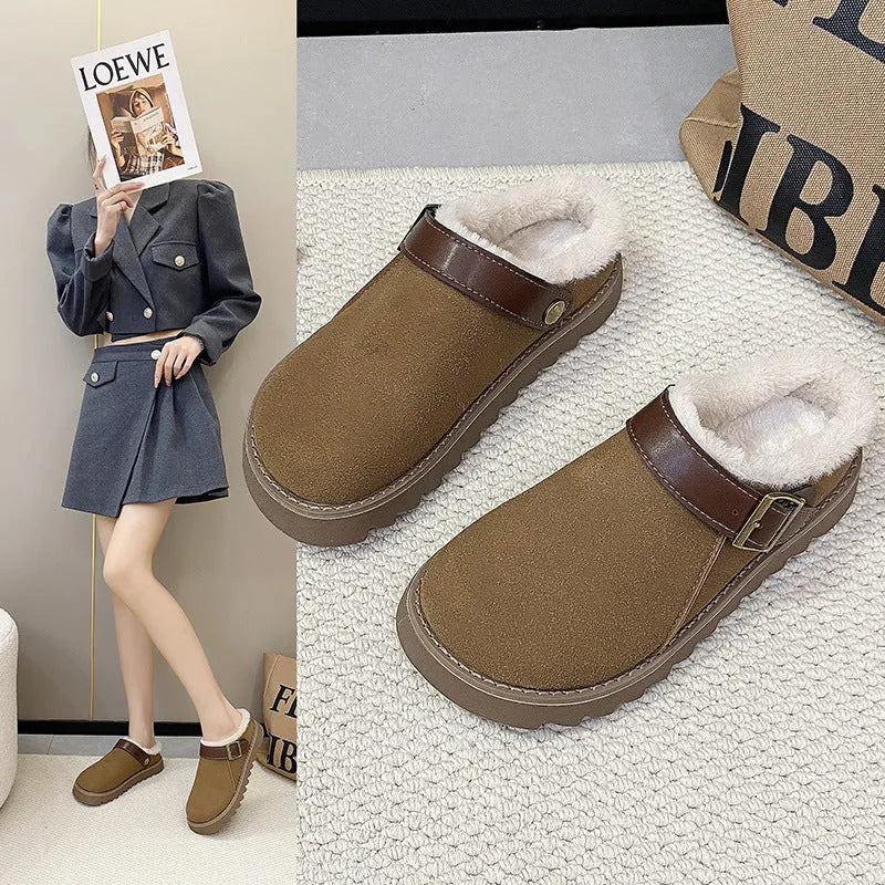 Women's brown suede snow boots with plush lining and rubber sole