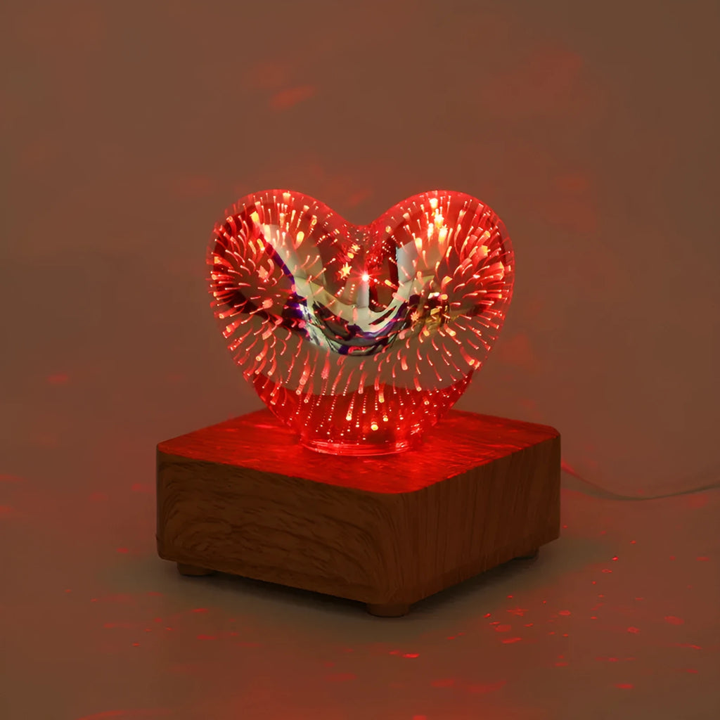 3D love glass small night lamp silver with USB cable on bedside table