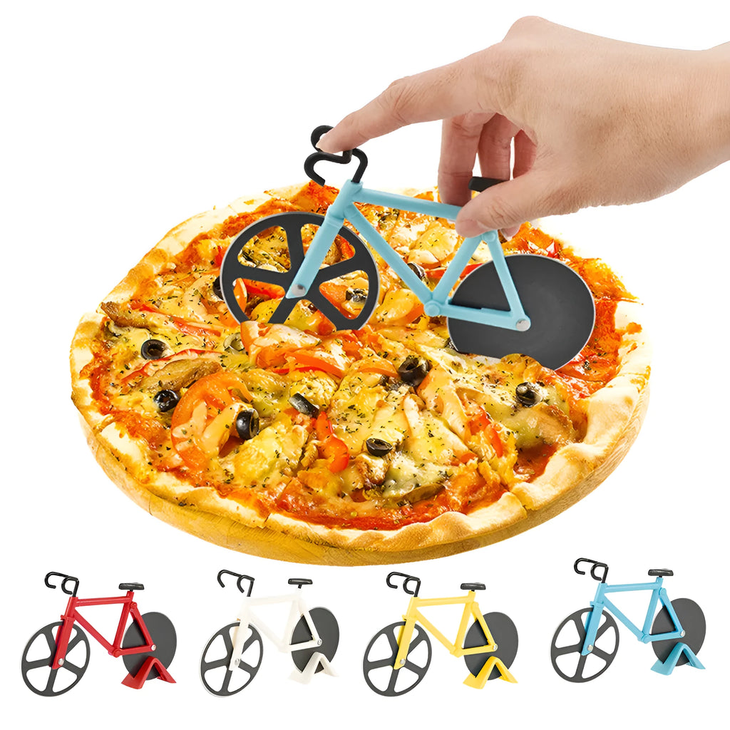Bicycle shaped pizza cutter with stainless steel blade and ABS handle on white background