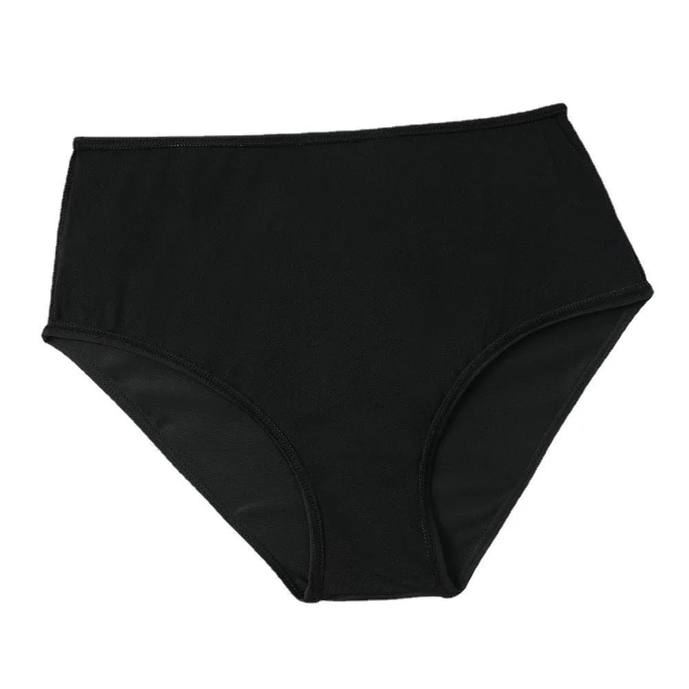 Black high-waisted double-layer swimsuit briefs and sleeveless top laid flat, with a coconut tree print variation.