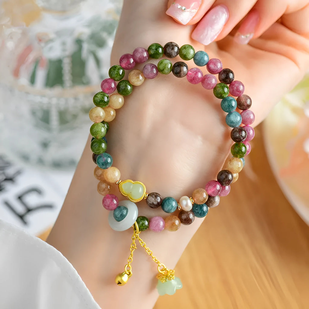 Chalcedony double circle bracelet with 6-6.5mm geometry beads in C118 tourmaline colour