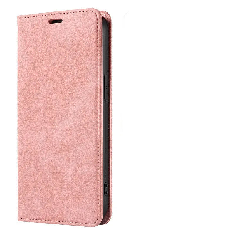 Magnetic flip wallet phone case for iPhone in grey, showing card slots and closed magnetic clasp.