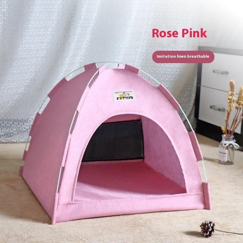 Grey removable washable pet tent bed for cats and small dogs on a wooden floor.