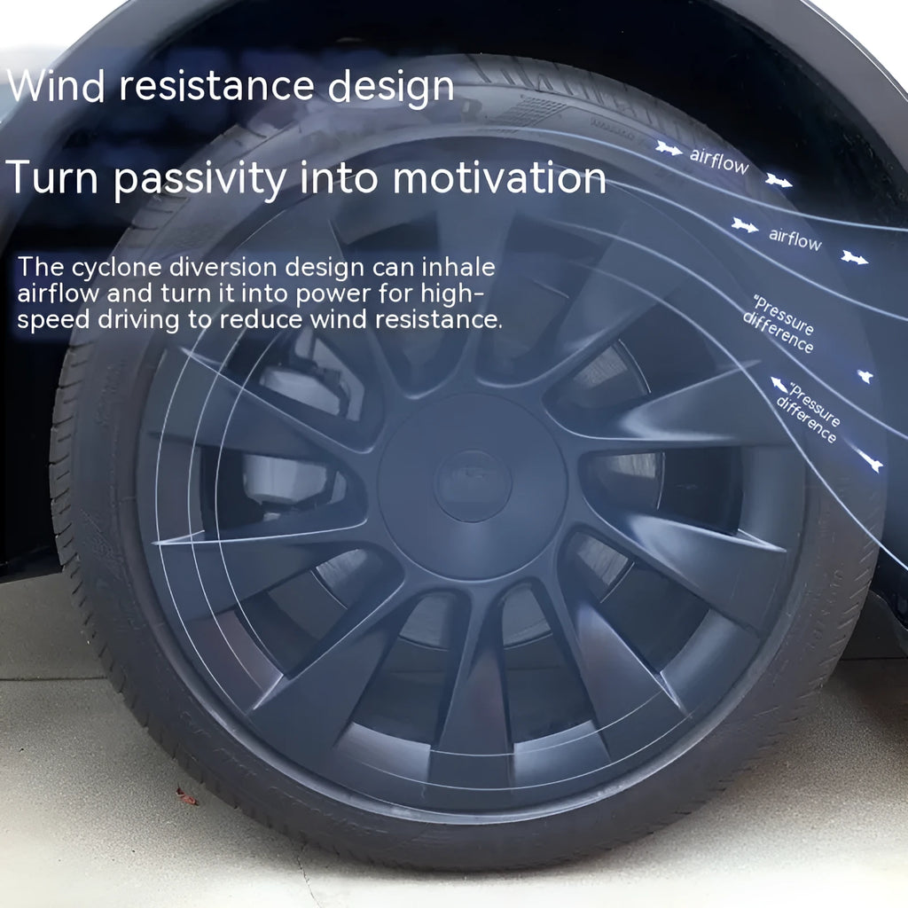 Set of four plastic wheel hub covers with steel ring for Tesla Model Y in different colours.