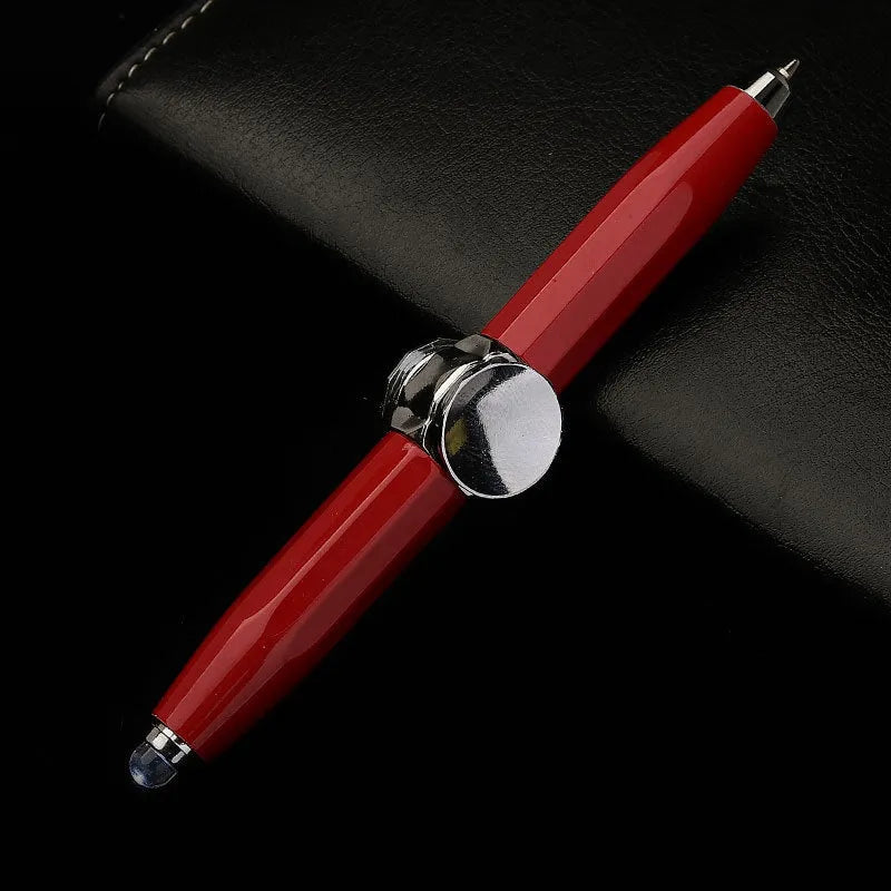 Metal LED light-up gyro spinner ballpoint pen showing 12 ink colour options