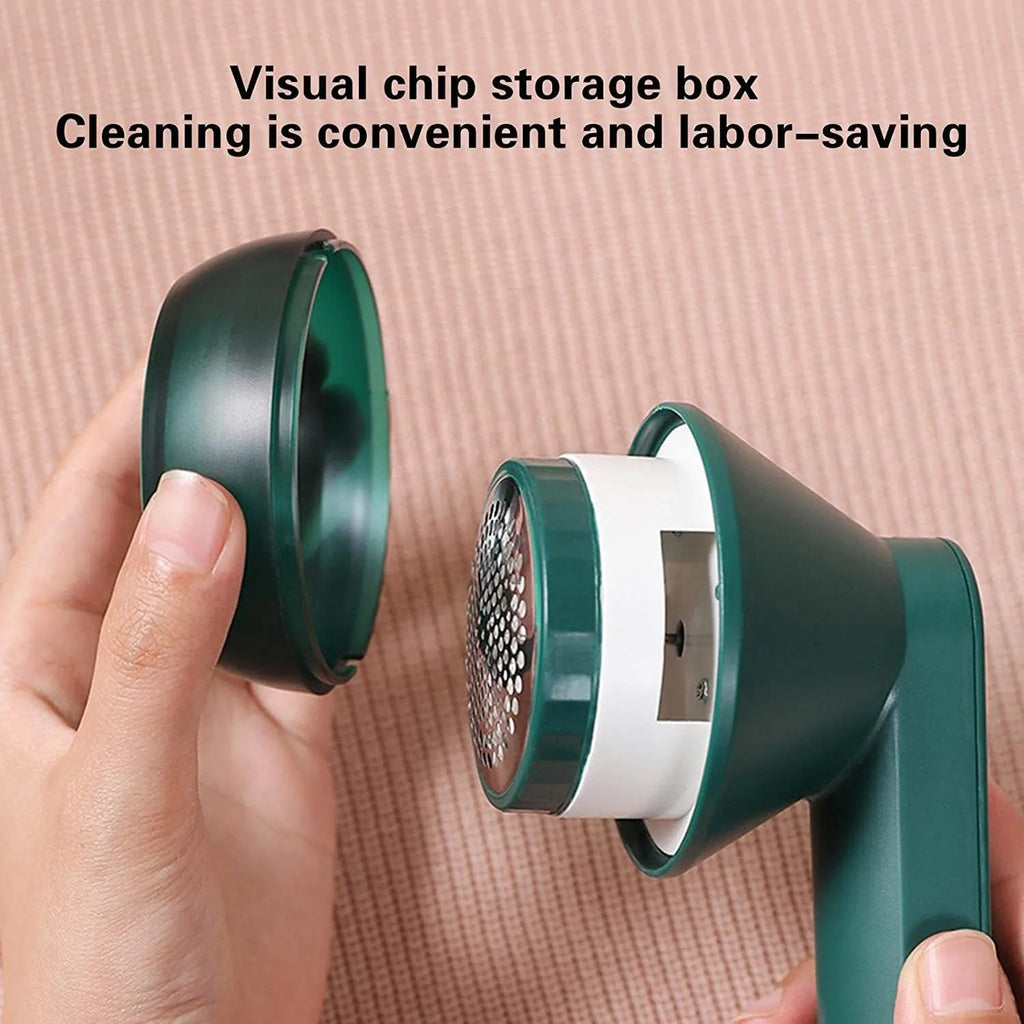 Green and white USB rechargeable electric lint remover with removable lint collector container.