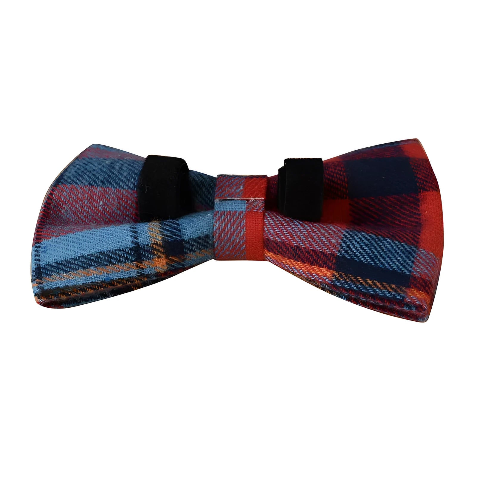 Blue plaid velvet dog collar with alloy buckle and bow decoration on cotton material