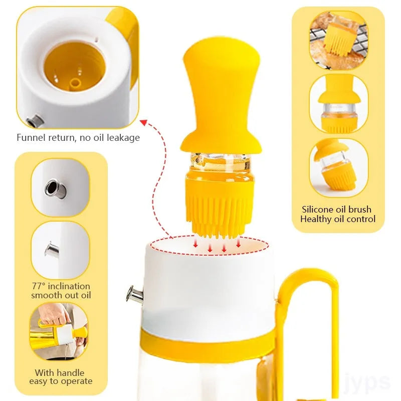 Yellow 2 in 1 oil dispenser with silicone brush next to glass bottle
