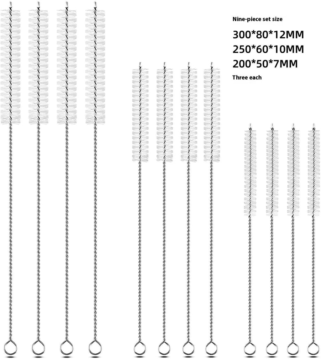 Stainless steel handle nylon bristle cleaning brushes for straws and bottles in white and black.