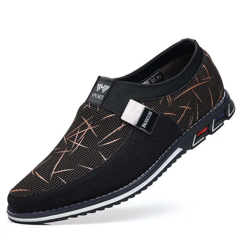 Men's grey and white synthetic leather slip-on casual shoes with a square toe and flat rubber sole.