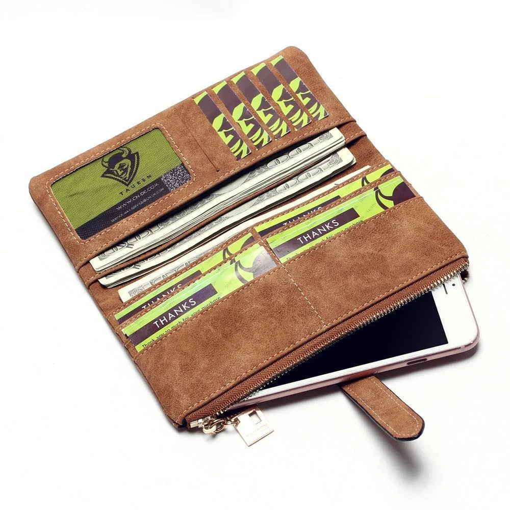 Vertical long ladies wallet in soft PU leather with a zip closure and decorative lock, showing interior card slots and compartments.