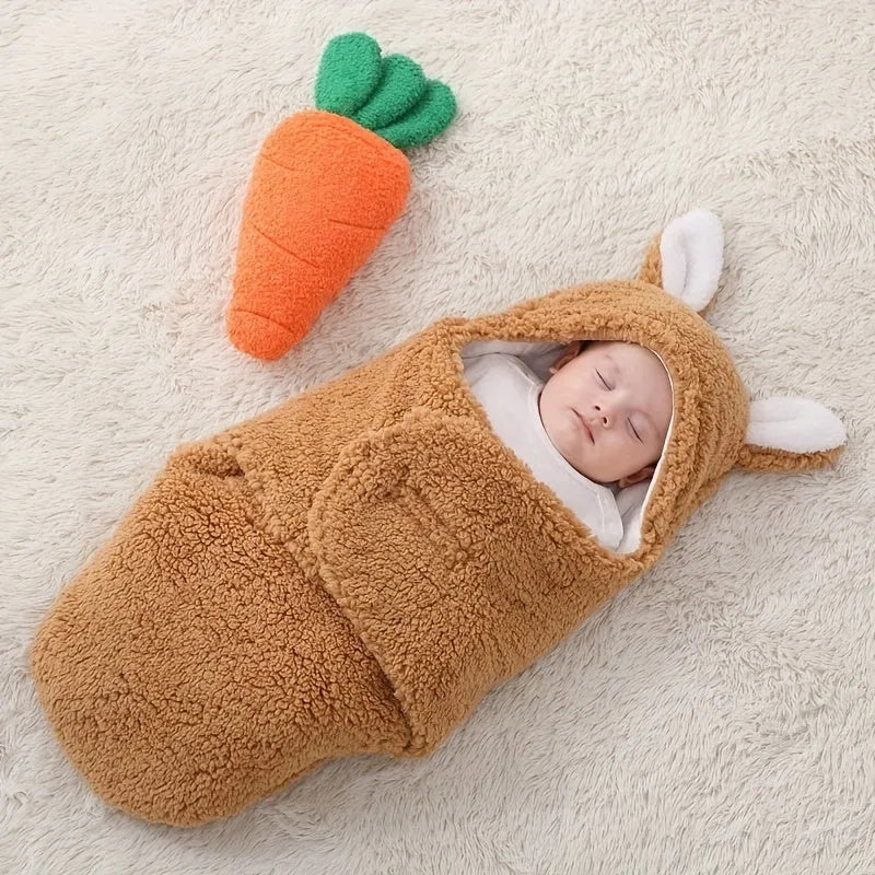 Baby wearing a blue adjustable cotton sleep sack with velcro swaddle closures and a head-protecting hood.