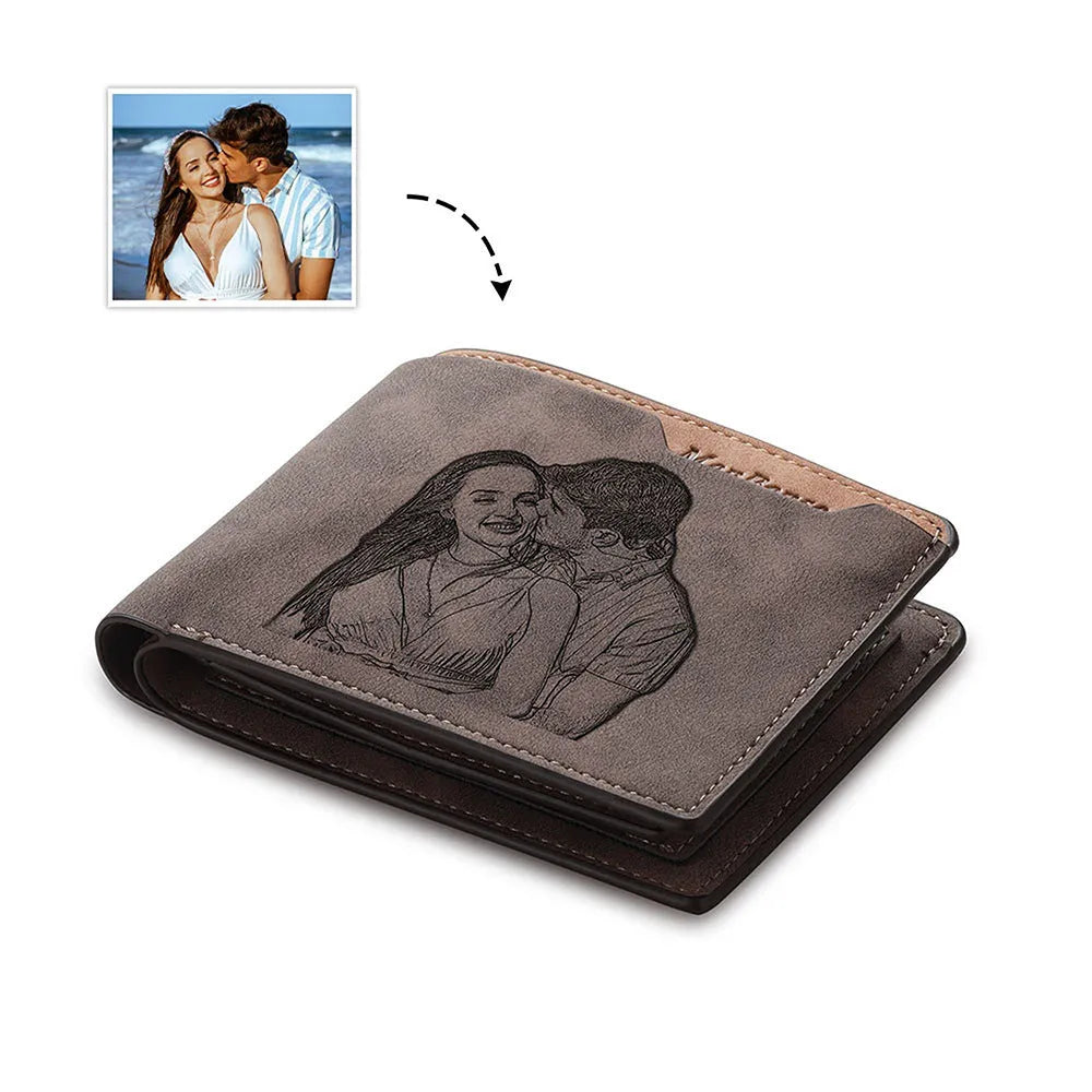 Coffee coloured PU leather engraved horizontal short wallet showing personalised text.