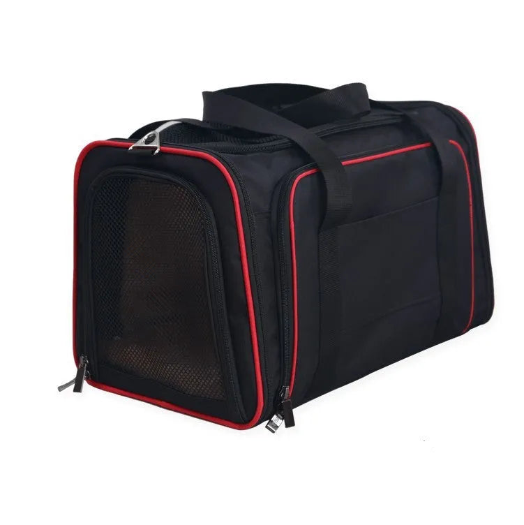 Pet trolley bag mesh carrier in black for small dogs and cats up to 7.5 kg, side view with wheels and handle