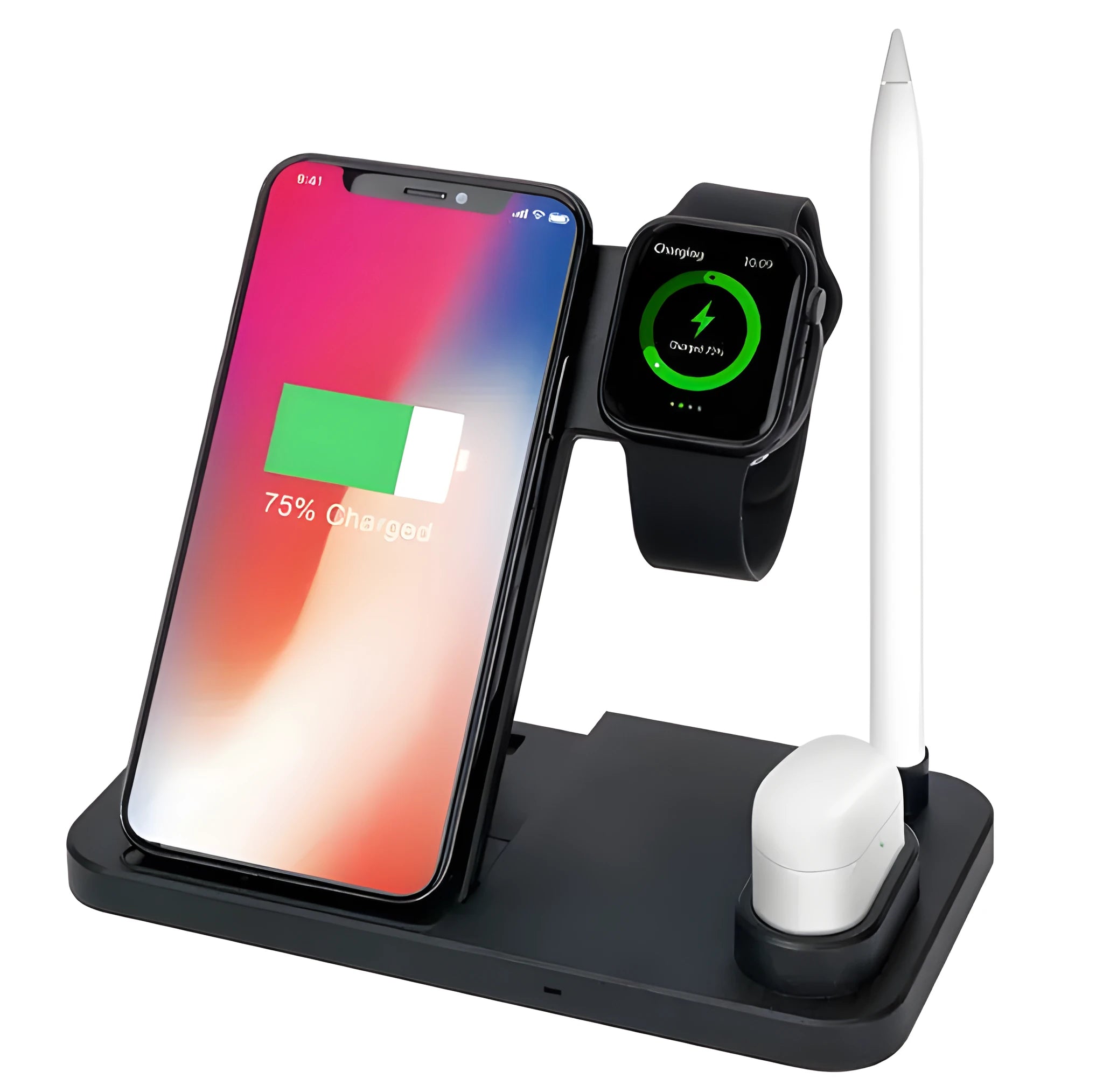 Black 4-in-1 wireless charging dock showing phone on angled stand, Apple Watch, AirPods case, and Apple Pencil charging simultaneously.