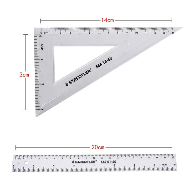 Plastic ruler set with four pieces: 15cm ruler, 30° triangle, 45° triangle, and protractor in transparent plastic.