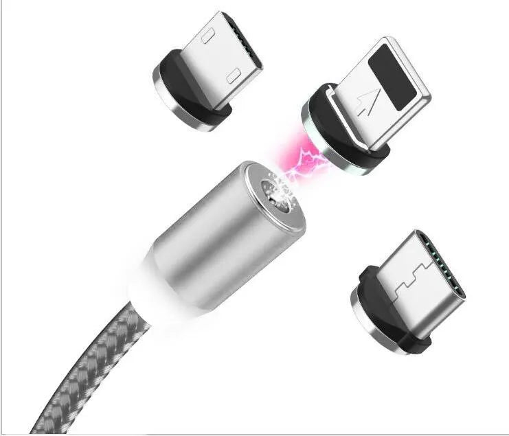 1 metre magnetic LED charging cable with cotton woven cord and three-in-one connector in aluminium shell