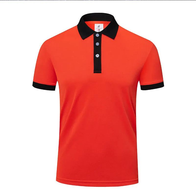 Men's and women's red lapel t-shirt with short sleeves and a V-neck collar on a hanger.