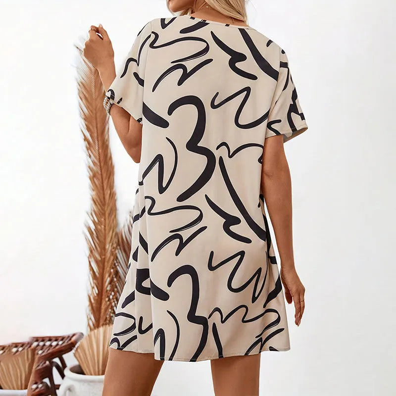 Khaki colour block print stretch polyester pencil dress with raglan sleeves on a model