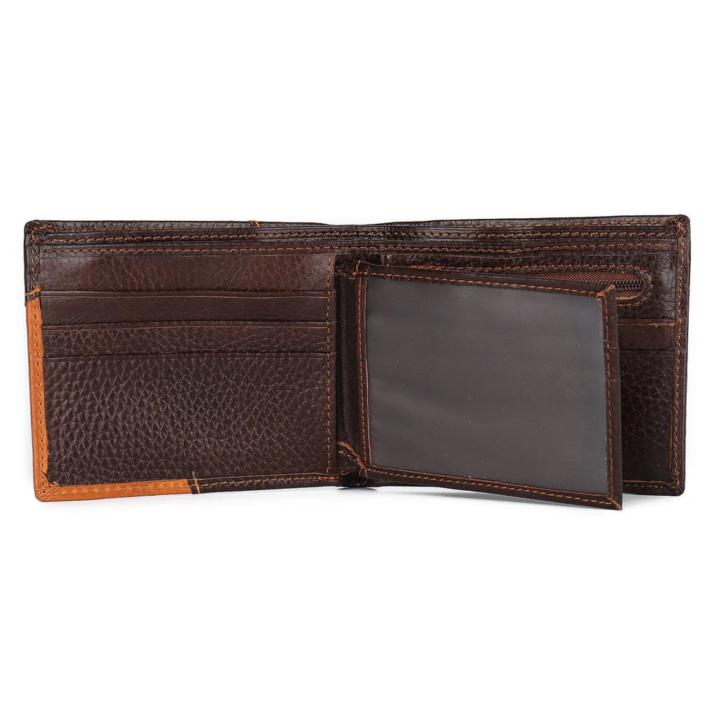 Soft brown cowhide men's wallet with contrast stitching, shown open to reveal card slots, zip compartment, and bill holder.
