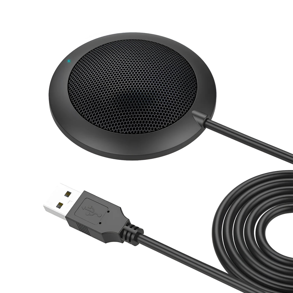 Black USB desktop conference microphone with metal mesh grill and 70mm diameter.