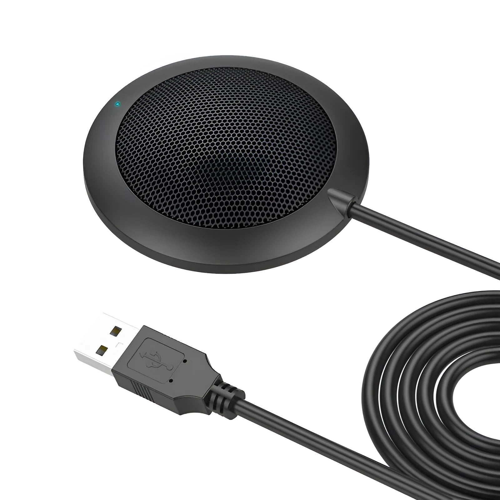 Black USB desktop conference microphone with metal mesh grill and 70mm diameter.