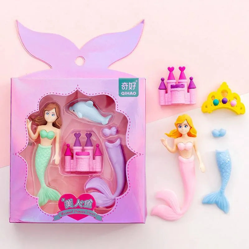 Flower Fairy eraser suit set with 12 cartoon character pencil erasers in Flower Fairy and mermaid designs