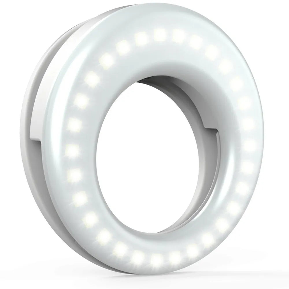 Compact black LED ring light for mobile phone photography with USB cable.