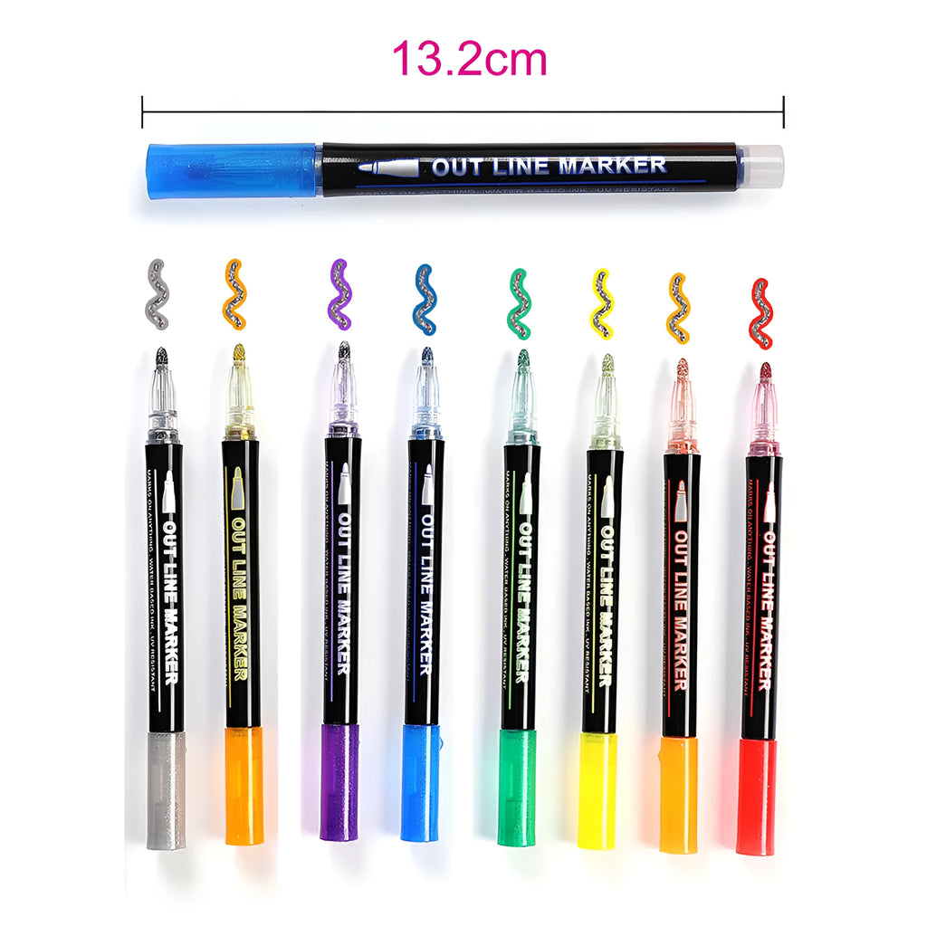 Eight colour double line highlighter pen set in PET box for card drawing and gift giving