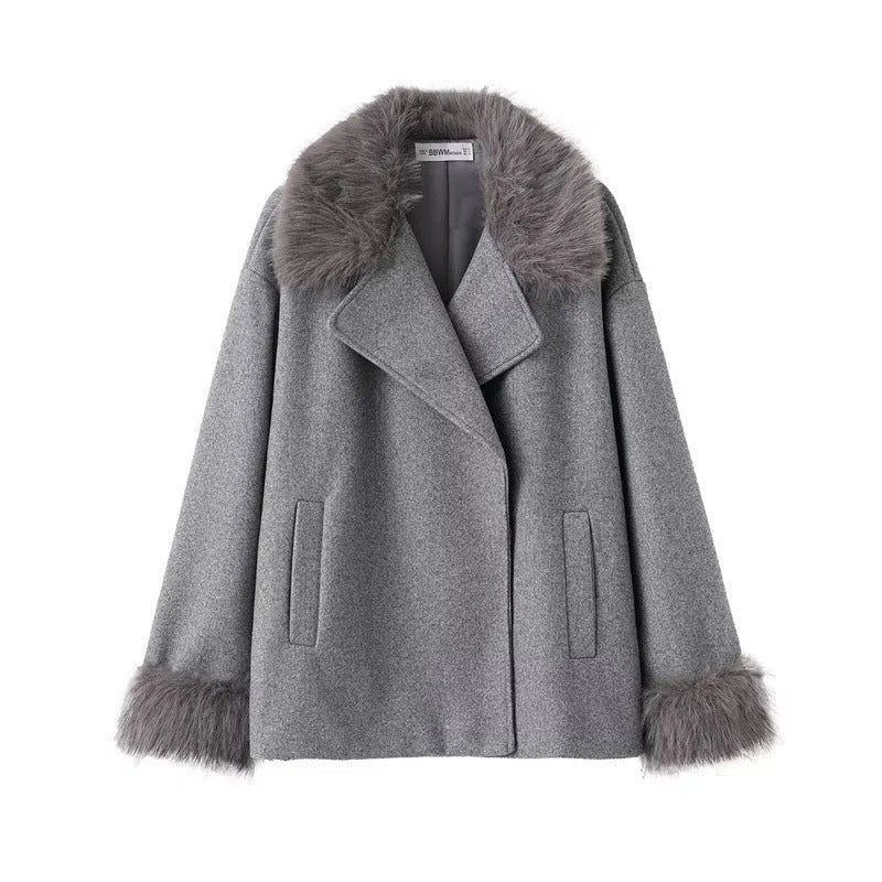 Women's grey mid-length hooded belted wool cape coat with faux fur collar, long sleeves, patch pockets