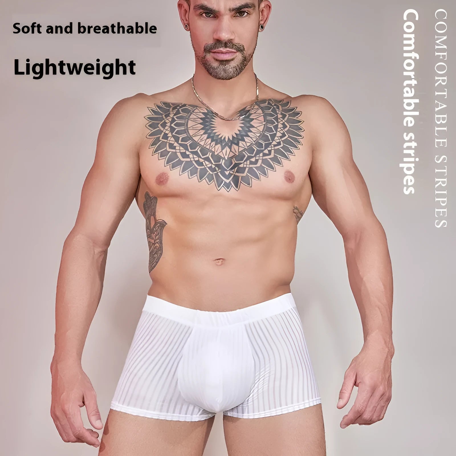 Men's black striped thin nylon underwear laid flat, showing transparent fabric and free size design.
