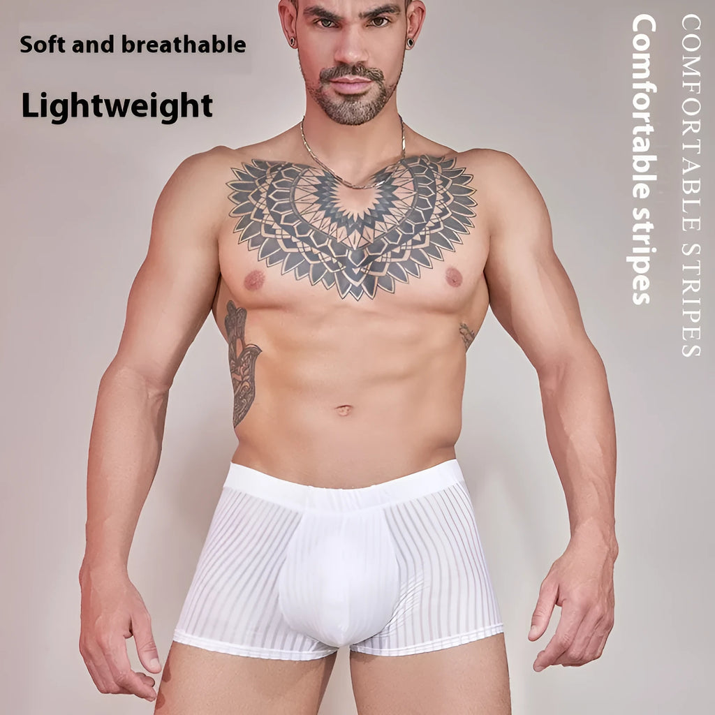 Men's low-rise striped boxer shorts in thin nylon fabric, shown in black.