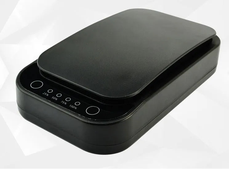 Blue and white ultraviolet disinfection box for mobile phones, showing compact design with lid closed.