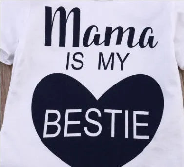 White baby romper with black 'Mama is my BESTIE' text print on front